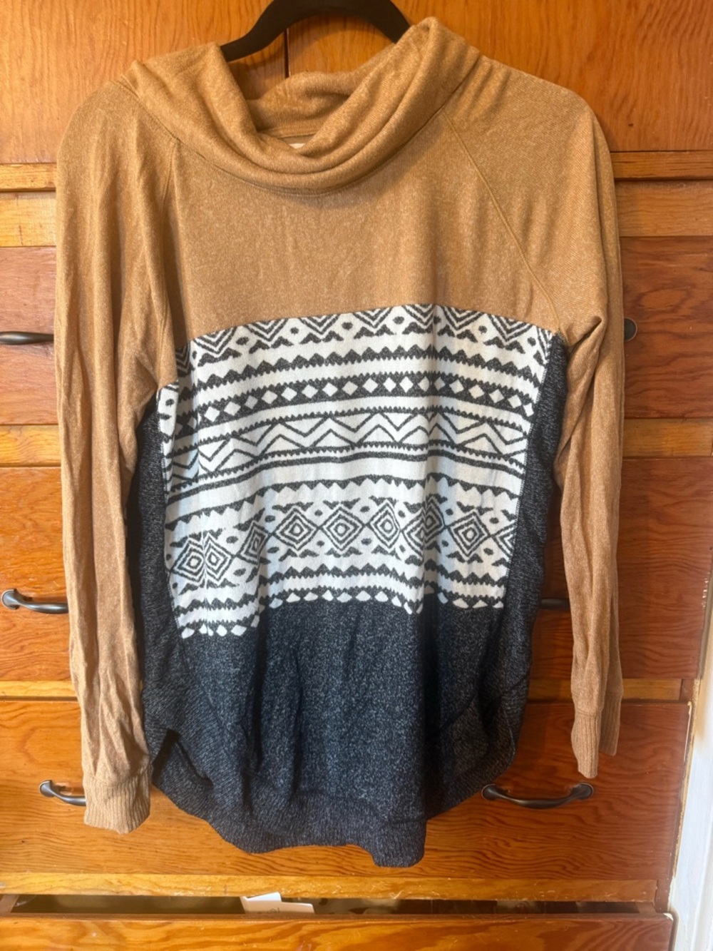 Maurices Tan, Cream & Black Cowl Neck Fair Isle Pullover